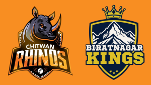 Logos of Chitwan Rhinos and Biratnagar Kings cricket teams from the Nepal T20 League displayed side by side on an orange background.