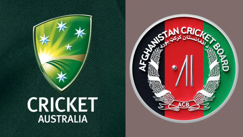 Side-by-side logos of Cricket Australia and the Afghanistan Cricket Board (ACB) representing a potential international cricket series or partnership.