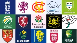 Logos of various international cricket boards and county cricket teams, including ECB, MCC, Cricket South Africa, Cricket Australia, and multiple UK county clubs.