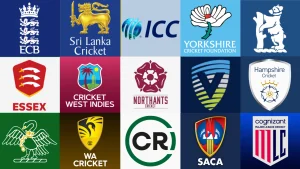 Logos of international and domestic cricket boards including ICC, ECB, Sri Lanka Cricket, Cricket West Indies, Major League Cricket, and others displayed in a grid layout