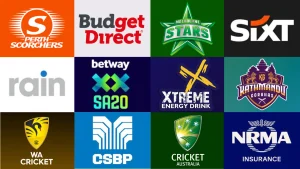 Collage of cricket-related brand and team logos including Perth Scorchers, Melbourne Stars, SA20, Kathmandu Gorkhas, Cricket Australia, and sponsors like NRMA, Rain, and Sixt.