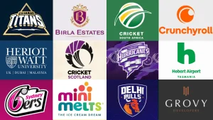 Collage of cricket franchise logos including Gujarat Titans, Hobart Hurricanes, Sydney Sixers, Delhi Bulls, and sponsor/organization logos like Cricket South Africa, Cricket Scotland, Heriot-Watt University, Crunchyroll, and Birla Estates.