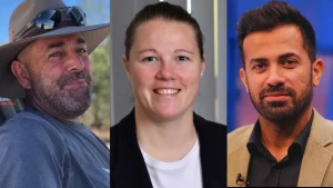 Side-by-side portraits of Darren Lehmann, Anya Shrubsole, and Wahab Riaz, prominent figures in international cricket as coaches and analysts.