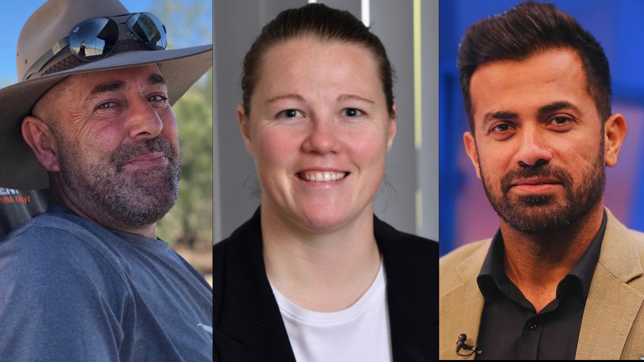 Side-by-side portraits of Darren Lehmann, Anya Shrubsole, and Wahab Riaz, prominent figures in international cricket as coaches and analysts.