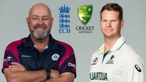Darren Lehmann and Steve Smith with ECB and Cricket Australia logos, representing England vs Australia Ashes 2025 rivalry