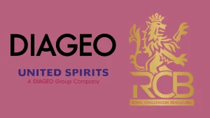 Logos of Diageo, United Spirits (a Diageo Group company), and Royal Challengers Bengaluru (RCB) on a pink background, indicating a brand partnership or ownership link.