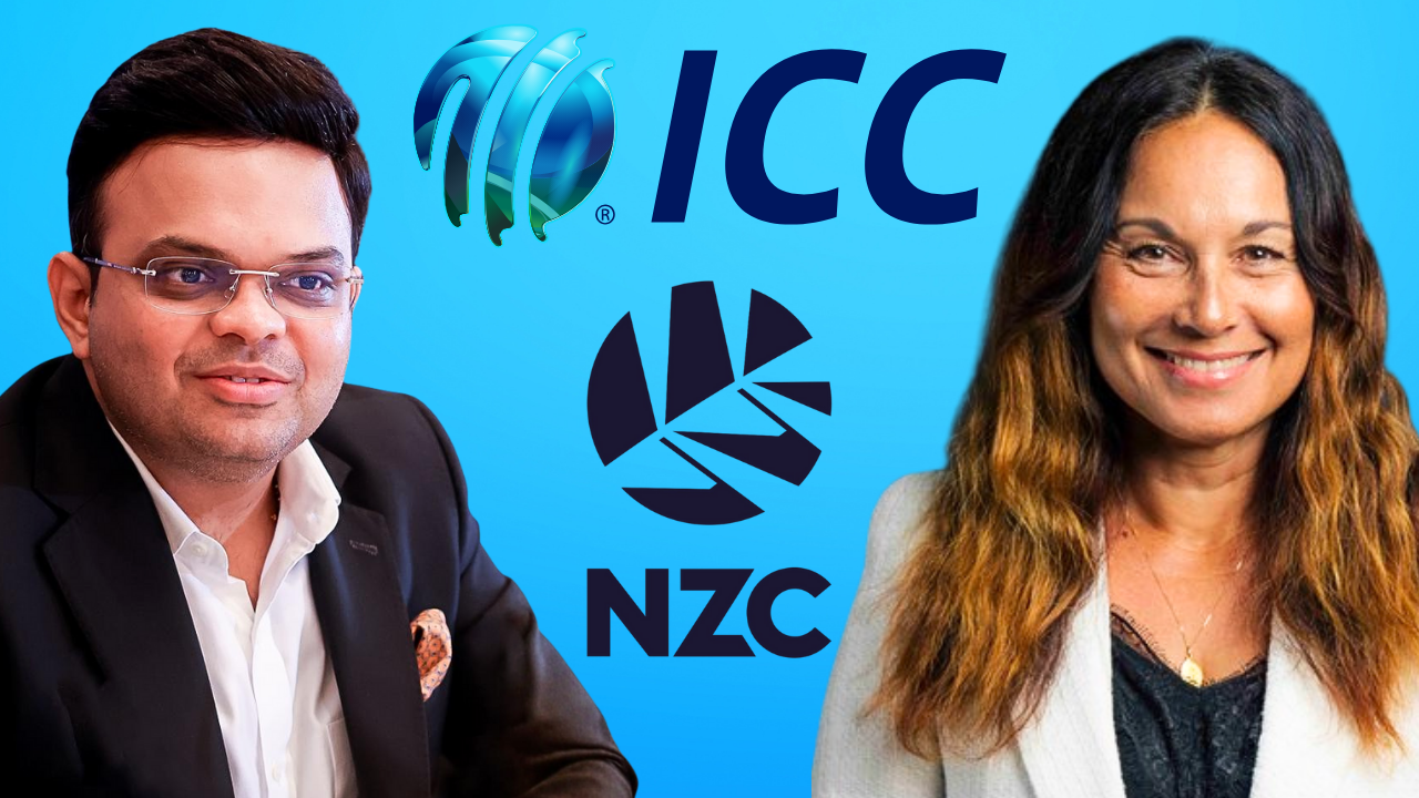 Diana Puketapu-Lyndon and Jay Shah pictured with ICC and NZC logos on a blue background, representing cricket leadership roles in 2025.