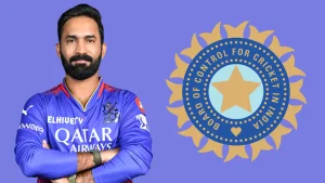 Indian cricketer Dinesh Karthik in Royal Challengers Bangalore (RCB) jersey standing beside the Board of Control for Cricket in India (BCCI) logo on a purple background.