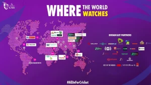 Global broadcast partners map for DP World ILT20 2025, showing TV and streaming networks by region