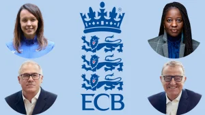 ECB logo centered with Richard Gould, Richard Thompson, Kate Percival, and Cindy Butts featured around it on light blue background