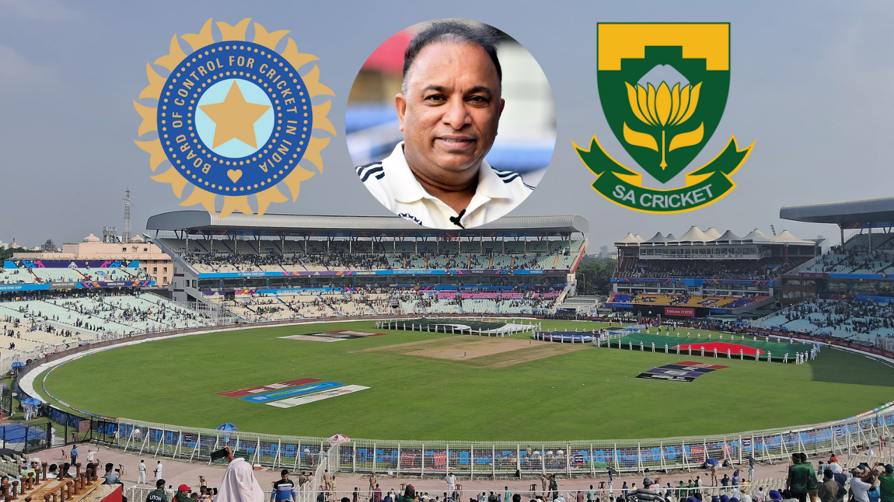 Eden Gardens cricket stadium with Devajit Saikia, BCCI logo, and Cricket South Africa logo featured ahead of India vs South Africa match