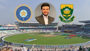 Eden Gardens Stadium during a cricket match, featuring an image of Sourav Ganguly in the center with BCCI and Cricket South Africa logos on either side.