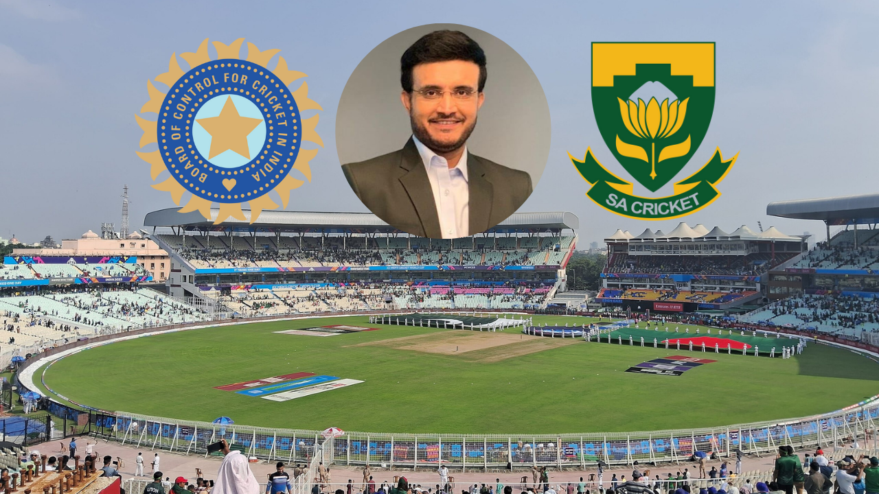 Eden Gardens Stadium during a cricket match, featuring an image of Sourav Ganguly in the center with BCCI and Cricket South Africa logos on either side.