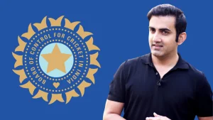 Gautam Gambhir standing next to the BCCI (Board of Control for Cricket in India) logo on a blue background, representing his association with Indian cricket.