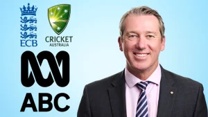 Glenn McGrath with logos of ABC, England and Wales Cricket Board (ECB), and Cricket Australia, representing his role in cricket commentary and analysis.