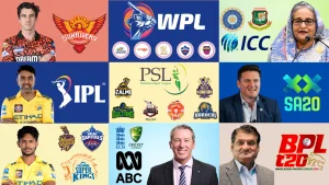 Collage featuring international cricket league logos including IPL, PSL, WPL, SA20, BPL, and ICC, along with players and officials from different countries
