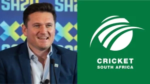 Graeme Smith speaking at an SA20 event with the Cricket South Africa (CSA) logo displayed, highlighting leadership role in South African cricket, 2025.