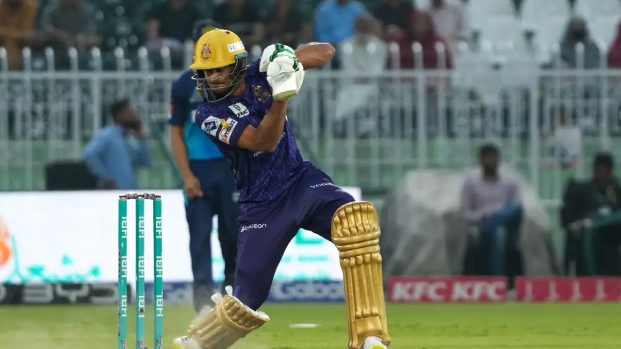 Hasan Nawaz plays a shot for Quetta Gladiators during a Pakistan Super League (PSL) match.