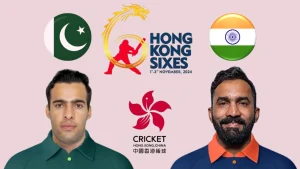 Abbas Afridi and Dinesh Karthik featured with Pakistan and India flags, alongside Hong Kong Sixes 2024 and Cricket Hong Kong logos.