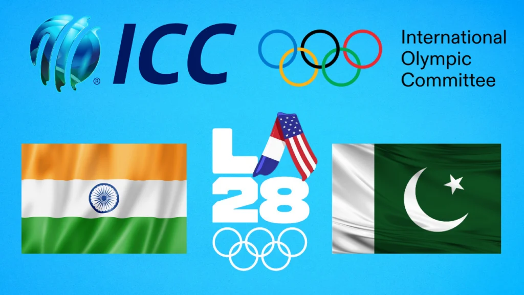 ICC and International Olympic Committee logos with LA28 Olympics branding, flanked by Indian and Pakistani flags, symbolizing cricket's return to the Olympics and potential India-Pakistan participation in Los Angeles 2028.