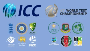 Logos of ICC, World Test Championship, and all major international cricket boards including BCCI, ECB, PCB, CSA, CWI, NZC, BCB, ACB, Cricket Australia, Zimbabwe Cricket, Cricket Ireland, and Sri Lanka Cricket on a blue background.