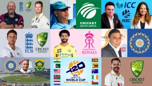 Collage of cricket legends, team logos, and official emblems promoting ICC Men's T20 World Cup 2026 hosted in India and Sri Lanka