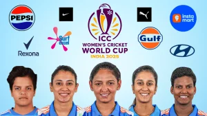 India women’s cricket team players Jemimah Rodrigues, Smriti Mandhana, Harmanpreet Kaur, Deepti Sharma, and Shafali Verma with ICC Women’s World Cup 2025 logo and sponsor logos including Pepsi, Nike, Puma, Surf Excel, Rexona, Gulf Oil, Swiggy Instamart, and Hyundai.