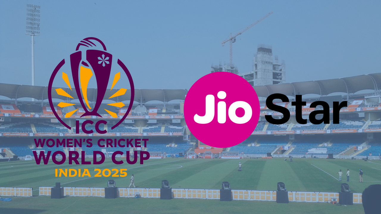 ICC Women's Cricket World Cup 2025 logo and JioStar branding overlaid on DY Patil Sports Stadium in India.
