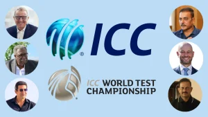 ICC and ICC World Test Championship logos with photos of cricket figures Richard Thompson, Ravi Shastri, Clive Lloyd, Todd Greenberg, Wasim Akram, and Lalchand Rajput arranged around the logos on a light blue background.