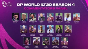 DP World ILT20 Season 4 commentators panel featuring cricket experts like Shoaib Malik, Wasim Akram, Harbhajan Singh, Ian Bishop, Waqar Younis, and others on a purple background.