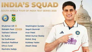 India's Test squad for the 2025 South Africa tour announcement, featuring Shubman Gill as captain, with a list of selected players and Gill pointing to the team logo.