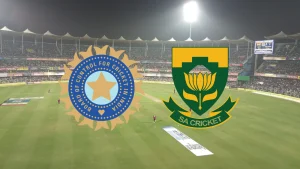 Barsapara Cricket Stadium during an India vs South Africa match with BCCI and Cricket South Africa logos overlayed