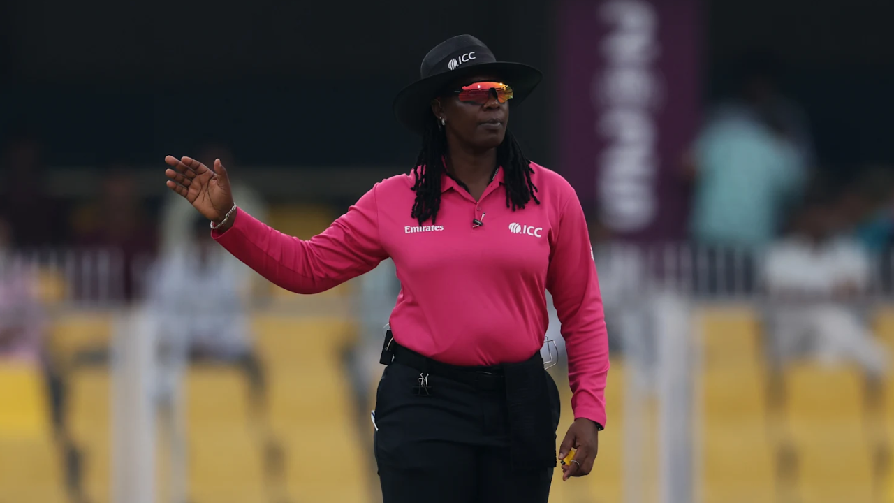 Jacquline Williams officiating as an ICC cricket umpire during a match