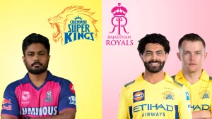 Sanju Samson in Rajasthan Royals jersey beside Ravindra Jadeja and Sam Curran in Chennai Super Kings kits, with RR and CSK logos on a split pink and yellow background representing an IPL 2025 face-off.