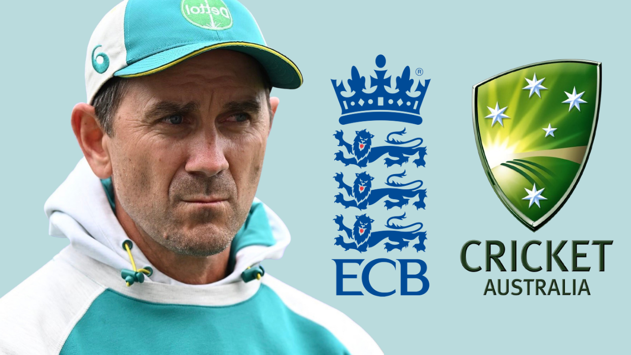 Justin Langer alongside ECB and Cricket Australia logos amid speculation about coaching roles between England and Australia