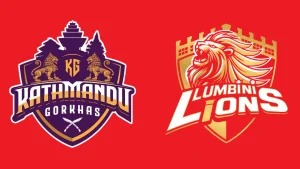 Kathmandu Gorkhas and Lumbini Lions logos displayed side by side ahead of their Nepal Premier League (NPL) clash
