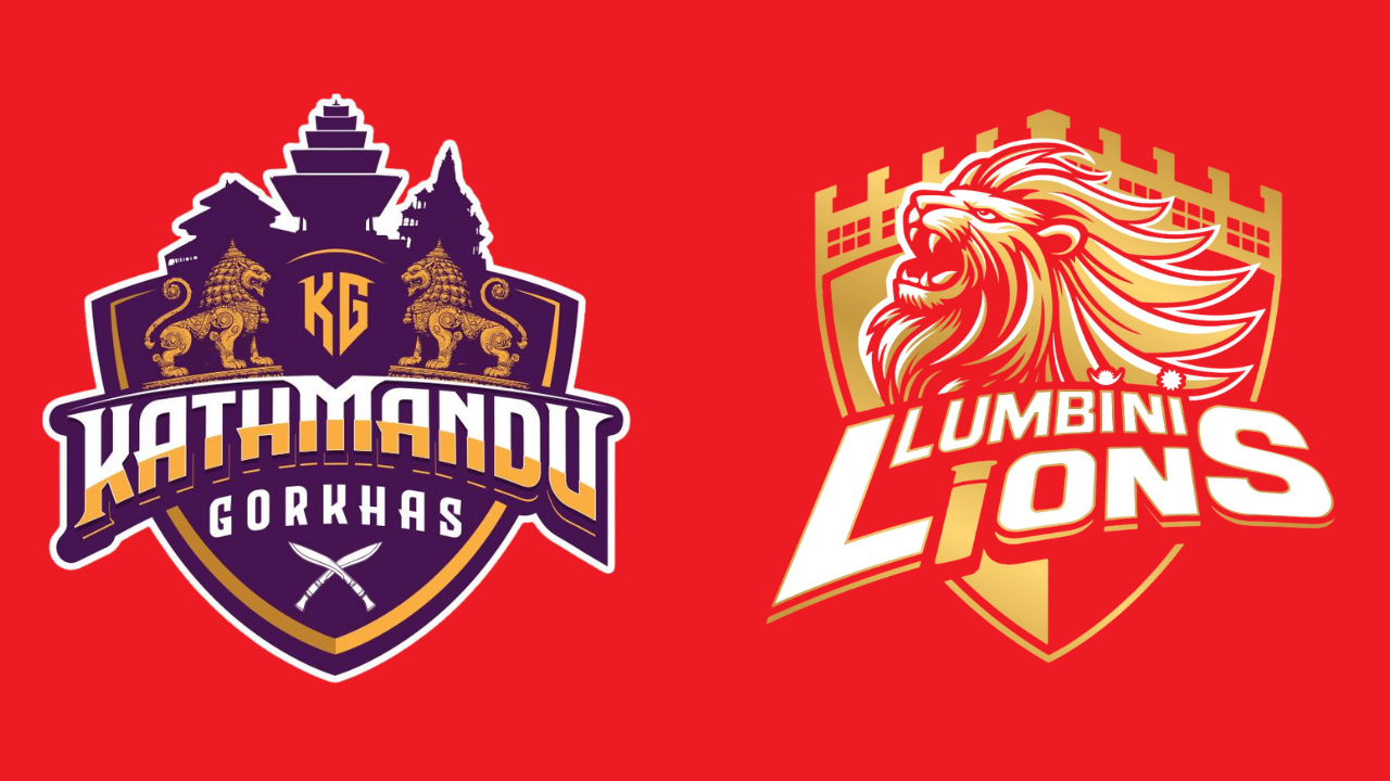 Kathmandu Gorkhas and Lumbini Lions logos displayed side by side ahead of their Nepal Premier League (NPL) clash