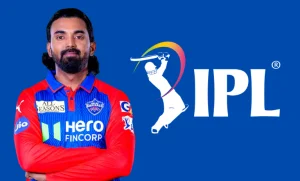 KL Rahul in Delhi Capitals jersey standing beside IPL logo on blue background