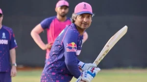 Kumar Sangakkara in Rajasthan Royals practice jersey during training session with bat in hand