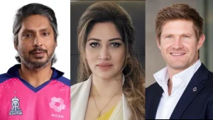 Kumar Sangakkara, Rubaba Dowla, and Shane Watson featured together, representing cricket leadership and commentary roles