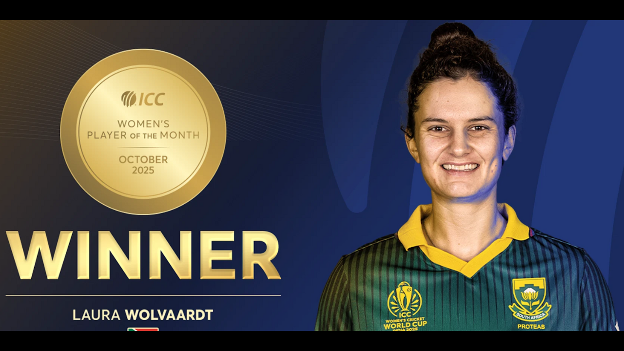 Laura Wolvaardt named ICC Women's Player of the Month for October 2025, pictured in South Africa's World Cup jersey alongside the ICC award graphic.