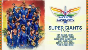 Official poster of Lucknow Super Giants IPL 2026 squad featuring players in blue jerseys alongside the team logo and full player list on a vibrant background.