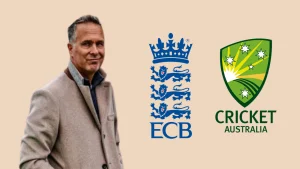 Michael Vaughan with ECB and Cricket Australia logos, discussing England vs Australia cricket rivalry in 2025