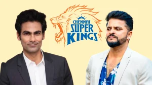 Mohammad Kaif and Suresh Raina pictured on either side of the Chennai Super Kings (CSK) logo, representing their association with the IPL franchise.