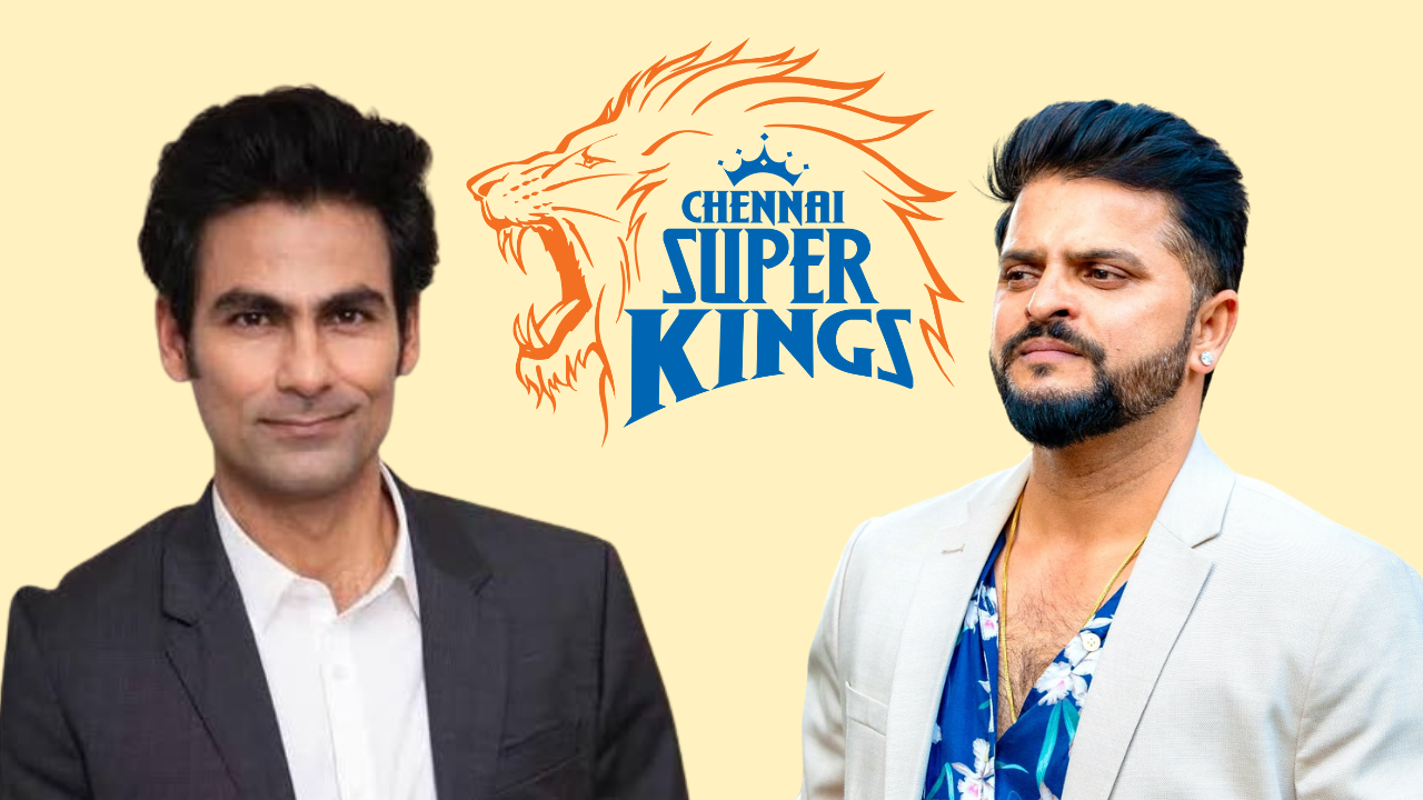 Mohammad Kaif and Suresh Raina pictured on either side of the Chennai Super Kings (CSK) logo, representing their association with the IPL franchise.