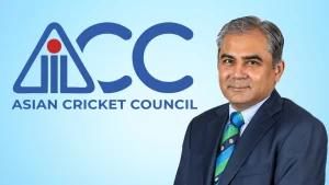 Mohsin Naqvi pictured beside the Asian Cricket Council (ACC) logo on a light blue background, representing his role in Asian cricket governance.