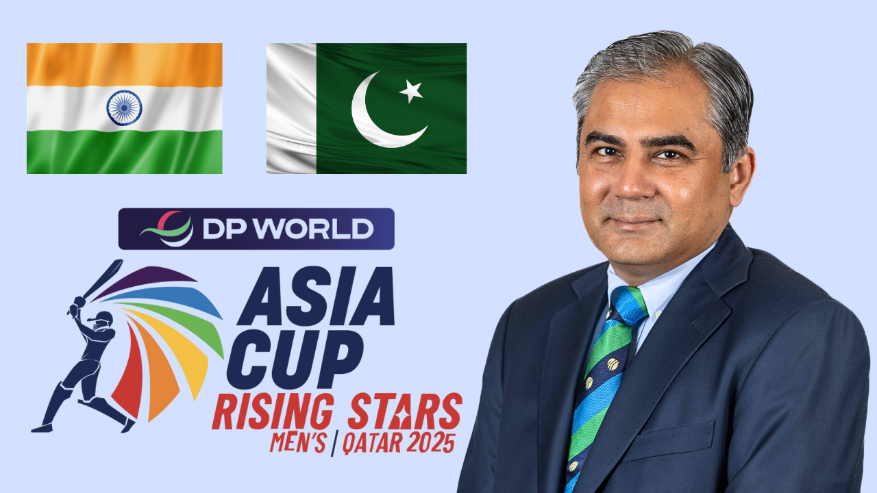 Mohsin Naqvi with India and Pakistan flags alongside DP World Asia Cup Rising Stars 2025 logo ahead of men's tournament in Qatar