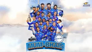 Mumbai Indians 2025 retained squad promotional poster titled “Mum-Bhais,” featuring players in blue jerseys with iconic Mumbai elements in the background.