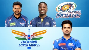 Shardul Thakur, Sherfane Rutherford, and Arjun Tendulkar in their IPL team jerseys alongside Mumbai Indians and Lucknow Super Giants logos, ahead of IPL 2025.