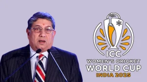 Narayanaswami Srinivasan speaking at an event with the ICC Women's Cricket World Cup 2025 logo in the background